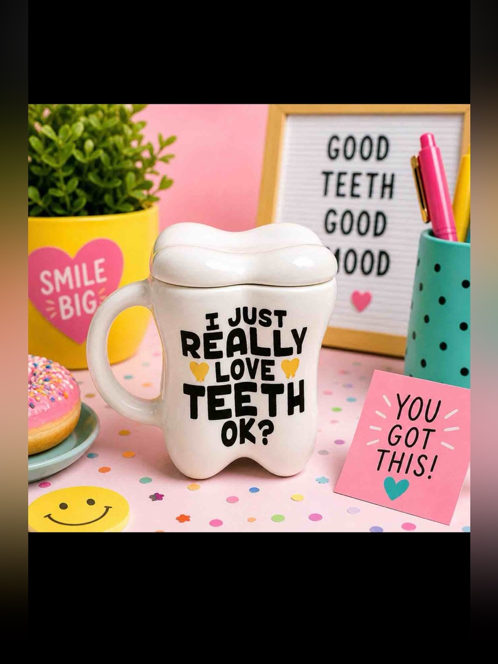 Tooth-Shaped Ceramic Mug with toothbrush holder White with Black & Gold Text